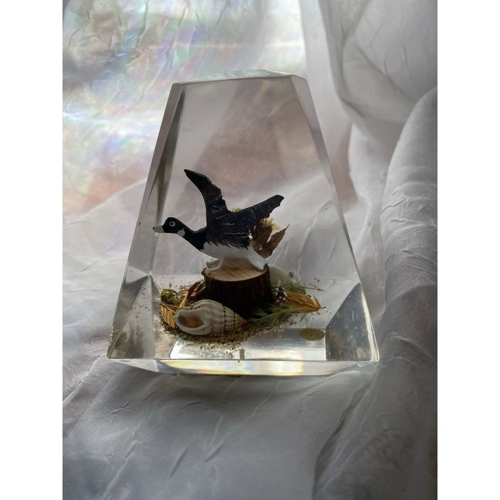 Lucite Canadian Goose Paperweight Unique Canada Hand Carved Wood, 2.5